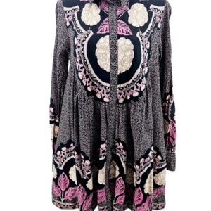 Free People Black and Pink Floral Long-Sleeve Dress